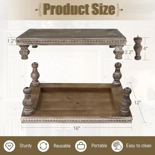 MAONAME Wood Display Risers Decorative Tray, Farmhouse Pedestal Stand for Display Home Decor, Vintage Brown Beaded Wooden Tray for Kitchen Counter, Short and Tall Footed