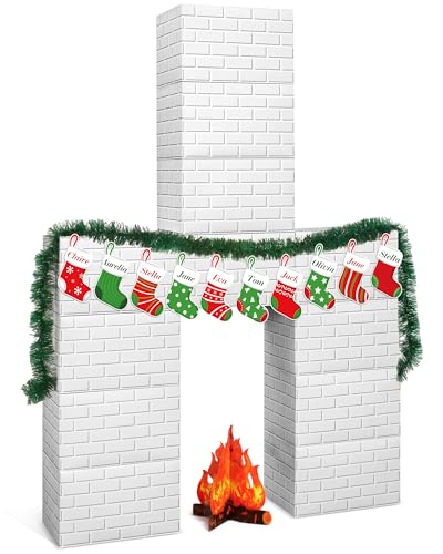 Fullhawl 34 Pcs 3D Christmas Cardboard Fireplace 39 x 59 Inch DIY Christmas Artificial Fireplace with Stocking 3D Fire Flame Prop Pine Garland Fake Fire Place Backdrop for Xmas Decor(White Brick) - color: White Brick