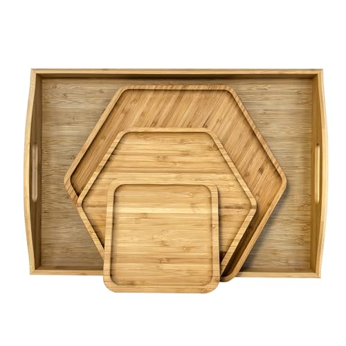 Bamboo Serving Trays Dinner Plates Cheese Board 16.5"x11.8"（42x30cm with Handle, Set Includes 1xHexagon 12.5"(32cm)+1xHexagon 9.8"(25cm)+1xSquare 5.9"(15cm) Plates for Family Dinner - color: 2hexagon+1square