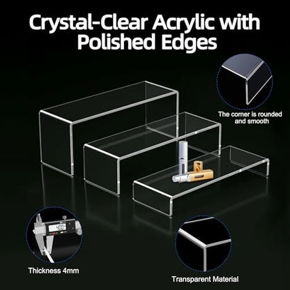 6PCS Acrylic Display Risers, 12'' Large Acrylic Risers Display Stands,Tiered Shelves for Gemstone, Curio, Figurines, Collectibles and Home Deco