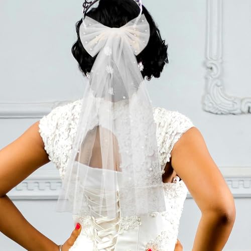 White Bridal Veil Hair Bow Clip with Faux Pearls Double-layer Bow Wedding Accessory for Bride Engagement Photoshoot