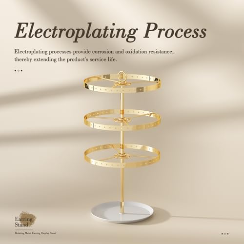 3 Tiers Earring Holder Organizer, Metal Rotating Earring Stand Adjustable Display Tree, 126 Holes Carousel Rack for Stud Hoop Pierced Dangling Women, Perfect View for All Earrings (Gold) - color: Gold