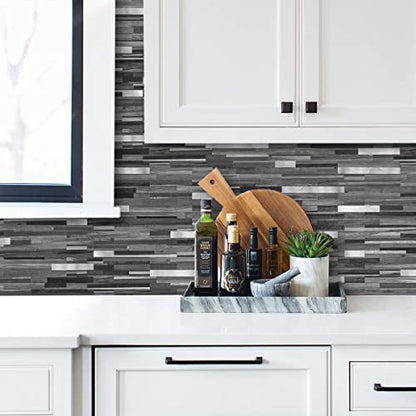 AULIGET Peel and Stick Backsplash, PVC Mixed Metal Stick on Bathroom Backsplash (2, Black & Grey Wood Look) - color: Black Grey Wood + Metal Silver, size: 2 Sheets, 6"x12"x0.12"
