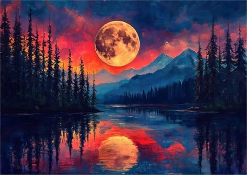 Moon Lake Backdrop 7x5ft Watercolor Nature Scenery Night Forest Mountain Background Aesthetic Decorations Banner for Photography Potrait Photo Props - color: orange, size: 7x5ft