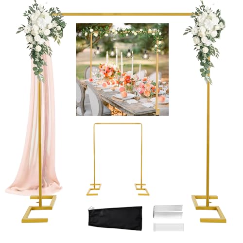 8.2FT Square Wedding Arch Backdrop Stand,Balloon Arch Stand, Metal Gold Backdrop Adjustable Stand Heavy Duty, Extra 2 Clamps Change Over The Table Rod Stand for Party Decoration,Garden Trellis Frame - color: Gold