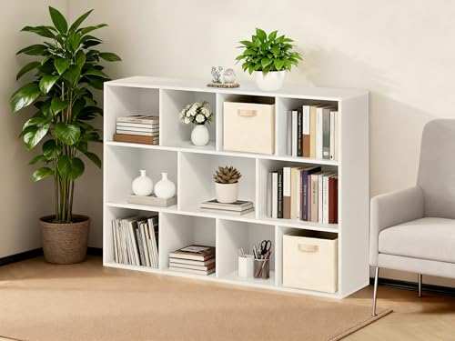 Whitmor 11 Cube Storage Organizer, 4 Tier Stackable Bookcase, Open Storage Display Bookshelf, Storage Cabinet for Living Room, Bedroom, Home, Office, 29.1" L x 9.4" W x 41.7" H, White - color: White, size: 11 Cube Stackable