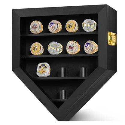 Championship Ring Display Case 12 Ring Posts, Sports Ring Wooden Shadow Box with HD Grass Door 98% UV Protection, Wall Mount Rings Holder for Baseball Basketball Award Rings Champion Souvenirs - size: Sports Ring Display Case-Natural