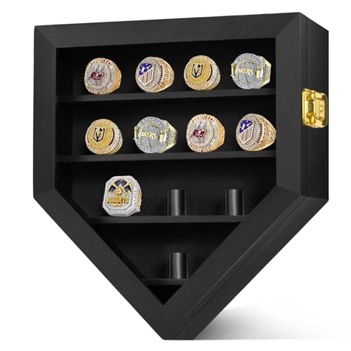 Championship Ring Display Case 12 Ring Posts, Sports Ring Wooden Shadow Box with HD Grass Door 98% UV Protection, Wall Mount Rings Holder for Baseball Basketball Award Rings Champion Souvenirs - size: Sports Ring Display Case-Natural