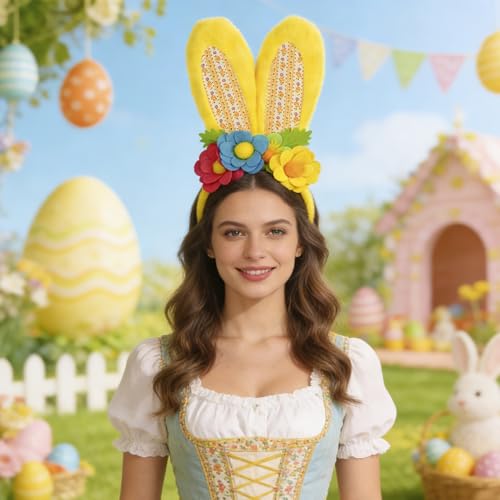 3 Pack Luxurious Easter Bunny Ears Headband Cute Plush Rabbit Ears for Kids Adult Cosplay Birthday Party Supplies - color: 3pcs Headband With Flowers-1
