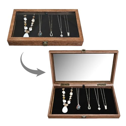 MOOCA Tempered-Glass Top Wooden Jewelry Display Case with Removable Base, Black Luxurious Velvet Jewelry Display Pad & 20 Removable Pins, Deeper 2.2" Design for Collectibles, Brown Color
