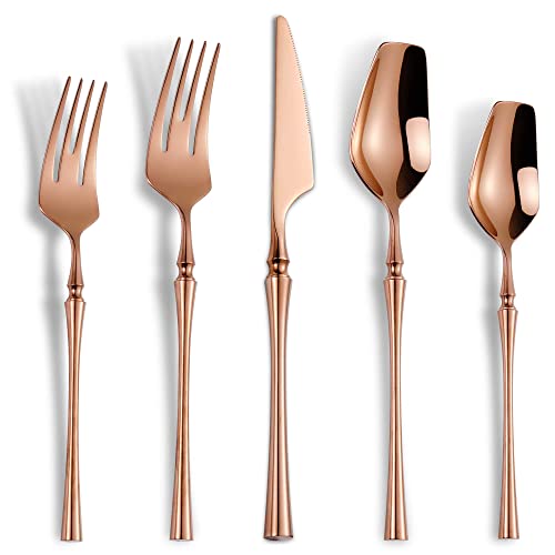 Lemeya 20-Piece Rose Gold Silverware Set for 4,Modern 18/10 Stainless Steel Flatware Set,Unique Rustic Cutlery Utensils Set,Spoon and Fork Set for Home, Restaurant,Mirror Polished,Dishwasher Safe - color: Rose gold 20 Pieces Set with Dessert Spoon