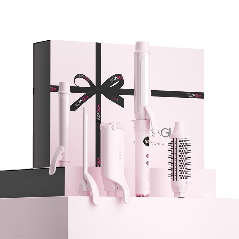 TSUYAGLA 5 in 1 Curling Iron Set with Airflow Cooling for Long-Lasting Curls, Ionic Ceramic Hair Curler with 3/8", 1", 1.5" Barrels, Crimper & Thermal Brush, Dual Voltage, 250–410℉
