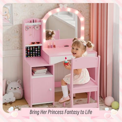 Girls Vanity Table and Chair Set, Kids Vanity with Jewelry Organizer for Princess, Toddler Makeup Vanity Desk with Open Shelf, Closed Cabinet and Butterfly Pattern, Pink - color: Pink