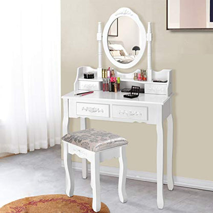 Giantex Vanity Table Set with Oval Mirror and 4 Drawers, Makeup Dressing Table with Cushioned Stool, Wooden Makeup Table for Bedroom Bathroom Girls Women, White - color: White, style: 4 Drawers