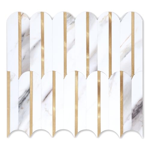 10-Sheet Fish Scale Peel and Stick Backsplash for Kitchen Wall Tiles,12 inches Marble Mixed Metal Gold 3D PVC Wall Tile Stick on Backsplash for Kitchen and Bathroom - color: Marble Mixed Metal Gold