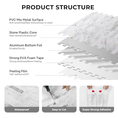 STICKGOO Peel and Stick Backsplash, PVC Wall Tiles Stick on Backsplash for Kitchen(10 Sheets, White Marble with Metal Silver) - color: White Marble with Metal Silver