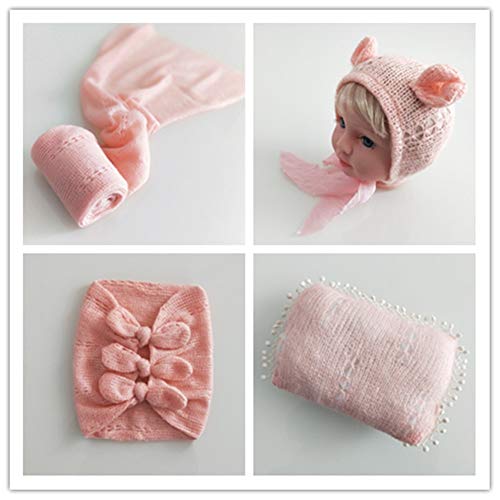Newborn Baby Boy Girl Photography Props Bow Wrap, Posing Aid, Hat and Blanket Set of 4 Pcs - color: Light Pink