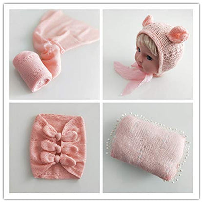 Newborn Baby Boy Girl Photography Props Bow Wrap, Posing Aid, Hat and Blanket Set of 4 Pcs - color: Light Pink