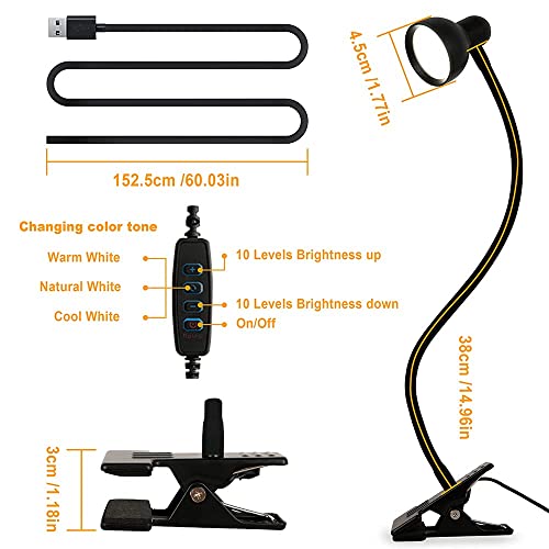 LiFMIRA Clip-on Reading Light - 3 Color Modes, 10 Dimmable Brightness, Eye Care Clamp Desk Lamp with Flexible Gooseneck for Reading in Bed, Desk, Headboard, Computer - color: Black