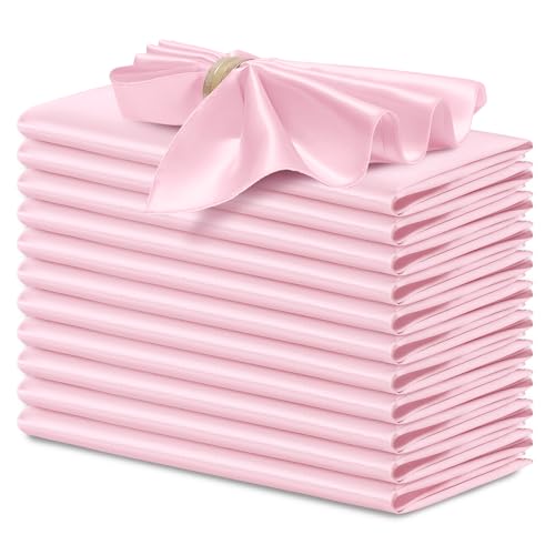 P Pothuiny 12 Pcs Silky Pink Satin Napkins 17 x 17 Inches, Square Smooth Wedding Dinner Napkins Satin Cloth Napkins Table Napkins for Banquet Party Restaurant Decor, Thanksgiving, Christmas - color: Pink