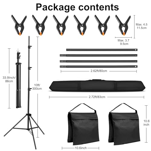 10x10FT Adjustable Photography Backdrop Stand Kit Photo Studio Background Support with 4 Crossbars 6 Clamps 2 Sandbags