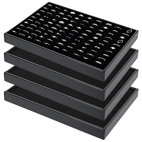 4 Pack Velvet Ring Display Tray 100 Slots Stackable Jewelry Organizer Tray Ring Holder Showcase for Rings Earrings Jewelry Storage for Drawer Dresser Store Display