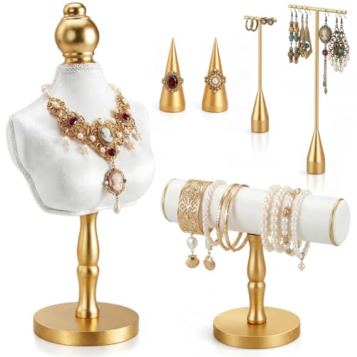 AceOrbit 6 Pcs Jewelry Display Set, Velvet Jewelry Mannequin Display, T-bar Bracelet Holder, Earring and Ring Finger Stand