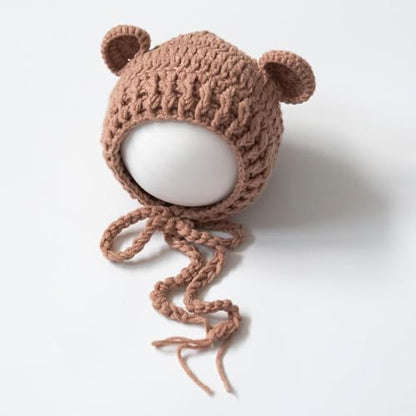 Zeroest Newborn Baby Boy Girl Photography Props Bear Hat Outfits Crochet Kint Handmade Cap Set for Newborn Photo Shoot - color: Camel