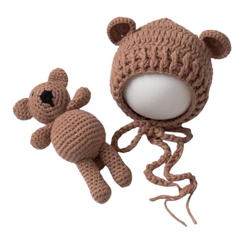 Zeroest Newborn Baby Boy Girl Photography Props Bear Hat Outfits Crochet Kint Handmade Cap Set for Newborn Photo Shoot - color: Camel