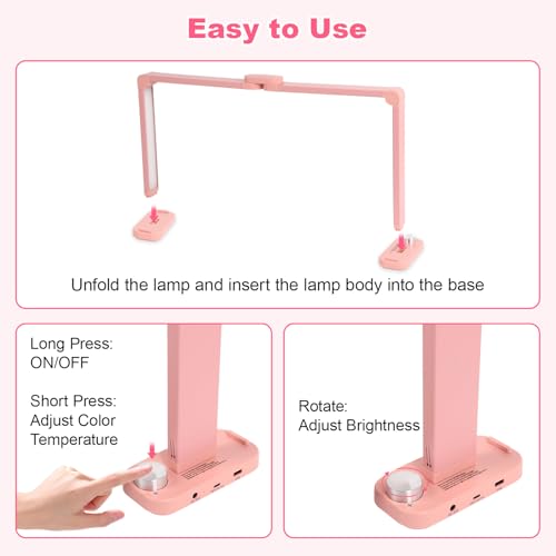 34in Half Moon Light for Nail Desk, Foldable LED Lamp for Nail Art, Tattooing, Craft Making, Stepless Dimming, 3000-6000K Color Temperature Adjustment, 456 Light Beads, Pink - color: Pink