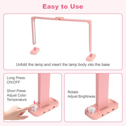 34in Half Moon Light for Nail Desk, Foldable LED Lamp for Nail Art, Tattooing, Craft Making, Stepless Dimming, 3000-6000K Color Temperature Adjustment, 456 Light Beads, Pink - color: Pink