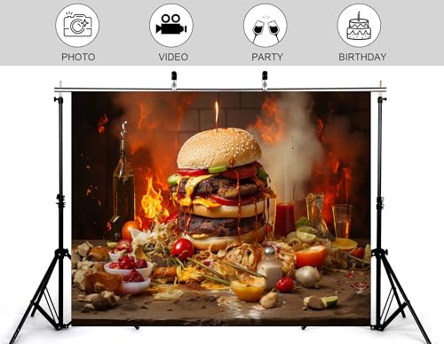 10x8ft Fiery Giant Burger Backdrop Burning Flame Photography Background for Spicy Food Party and Festival Decorations Tapestry Photo Booth Props - size: 10x8ft