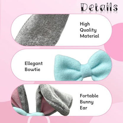 Gray Bunny Ears Headband with Purple Bow, Soft Plush Rabbit Ear Hairband, Easter Theme Party Accessory for Adults