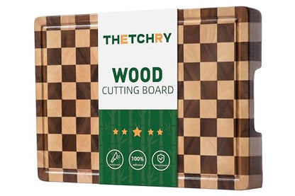 THETCHRY Cutting Boards for Kitchen, Checkered Cutting Board End Grain, Acacia Wooden Chopping Board with Juice Groove & Handle, Serving Tray for Meat, Bread & Fruit, 14"L x 11"W x 0.8"Th - size: 14"L x 11"W