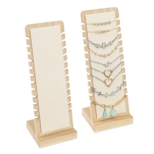 MOOCA 2 Pcs Set Bamboo Freestanding Small Necklace Bracelet Holder Stand for Multiple 12 Necklaces or Bracelets, Jewelry Display Stand, Beige Color, 3.9W x 3.6D x 10.4H in - color: Beige, Small 2 Pieces