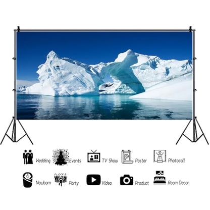 20x10ft White Iceberg Backdrops for Photography Polar Region Snow Wedding Backdrop North Pole Ice Shelf Snow Mountain Backdrops Blue Sky Pure Clean Sea Water Backdrop Photo Shooting Props - size: 20x10ft
