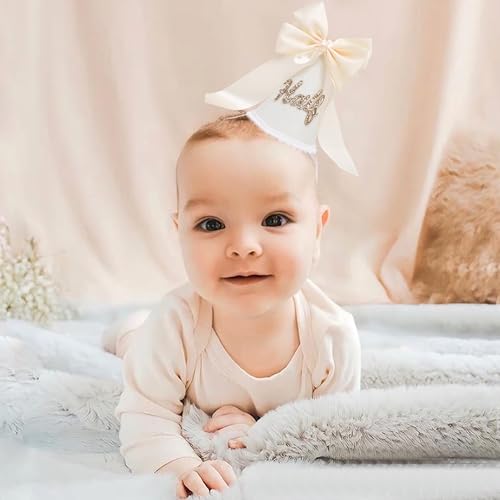 Boho Beige Bow Half Birthday hat-1/2 Birthday Decorations,Glitter Number Cone Hat,Princess Hat,Photo Props Cake Smash - color: White Bow Hat2