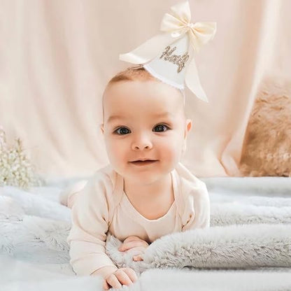 Boho Beige Bow Half Birthday hat-1/2 Birthday Decorations,Glitter Number Cone Hat,Princess Hat,Photo Props Cake Smash - color: White Bow Hat2