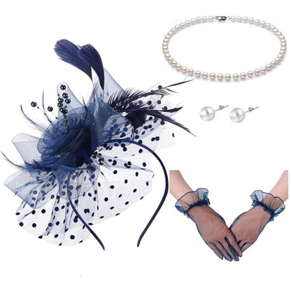 Fascinators Hats with Gloves Set for Women 20s 50s Cocktail Tea Party Wedding Costume Headwear - color: B-navy
