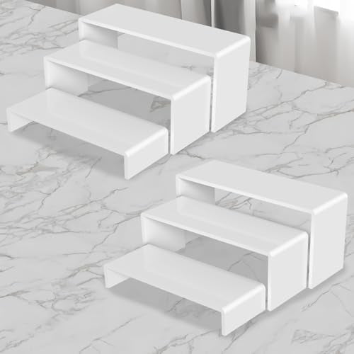 6 PCs Risers Display Stands 3 Tiers Desktop Acrylic Shelves Cake Dessert Holder Products Stand for Collectibles Shoes Jewels Pop Figure (White) - color: White 6 PCs