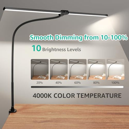 ShineTech LED Desk Lamp for Home Office, 4000K Neutral White Double Head Architect Task Lamps with Clamp, Dimmable Adjustable Flexible,Black - color: 4000K- Cool White