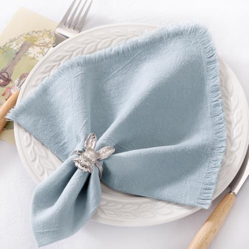 DeZerlor 6 Pack Gray- Blue Cotton Linen Napkins with Fringe Summer Cloth Napkins Set of 6 Boho Handmade Dinner Napkins Bulk for Wedding Bridal Baby Shower Parties, 17 x 17 Inches - color: Gray Blue, size: 17" x 17" (Set of 6)