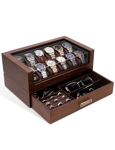 High End Watch Box for Men, 12 Slot Wooden Watch Case With Drawer, Watch Display Box with Glass Lid, 2-Layer Watch Holder for Jewelry and Watch Storage for Men Women , Ideal for Gift (With Gift Box) - color: Walnut