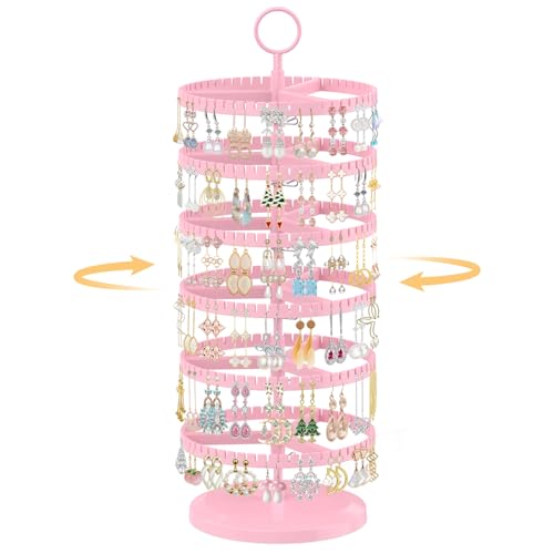 EsLuker.ly Earring Holder Organizer Rotating Stud Display Tree Rack with 342 U-Slots for Women Girls, Large Adjustable 6 Tier Plastic Storage Stand with Metal Tray for Pierced Hoop Post Earring, Pink - color: Pink