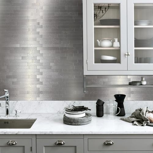 10 Sheets Peel and Stick Backsplash Tile for Kitchen, Self-Adhesive Mosaic Tile, Stick on Bathroom Vanities，Fireplace Décor, Laundry Table (Metal Grey Wooden Texture) - color: Metal Grey Wooden Texture