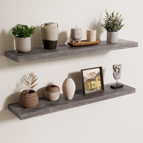 Axeman Floating Shelves for Wall, 8 Inch Deep Rustic Solid Elm Wood Wall Shelves for Storage, Wall Mounted Display Shelving with Invisible Heavy-Duty Metal Bracket, 36'' Width Set of 2, Grey - color: Grey With Flat Edge, size: 36 inches - 2P