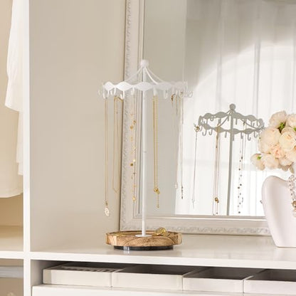 Lolalet Rotating Necklace Holder Stand with Metal Hooks, Spinning Display Carousels, Freestanding Organizer Hanger, for Long Necklaces Chains -White - color: White