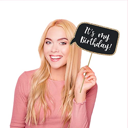 Fully Assembled Birthday Photo Booth Props. 30 Piece Box Set of Black & Gold Selfie Party Supplies and Decorations Kit with Real Glitter - Cute Bday Designs for Women - Did We Mention No DIY
