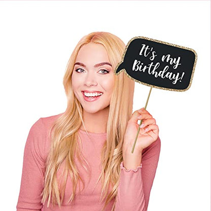 Fully Assembled Birthday Photo Booth Props. 30 Piece Box Set of Black & Gold Selfie Party Supplies and Decorations Kit with Real Glitter - Cute Bday Designs for Women - Did We Mention No DIY