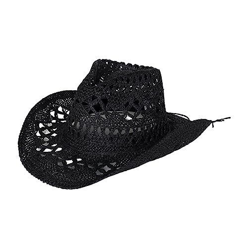 Straw Cowboy Hats Ventilated Hollow Round Foldable Sun Hats for Women Summer Western Cowgirl Beach Hat Photo Prop - color: Black